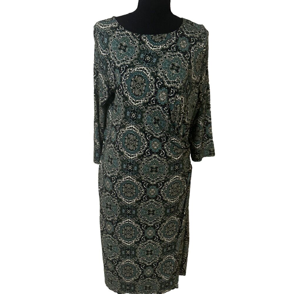 Talbots Drape  Dress Size PL-Paisley : 3/4 Sleeve Blue Green Medallion Faux Wrap